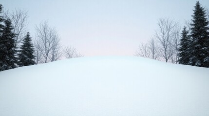 Obraz premium Snow-covered landscape under soft pastel sky, serene trees linin