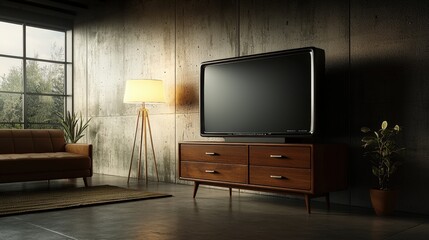 Modern living room setup with tv and lamp urban apartment interior design cozy ambiance contemporary style