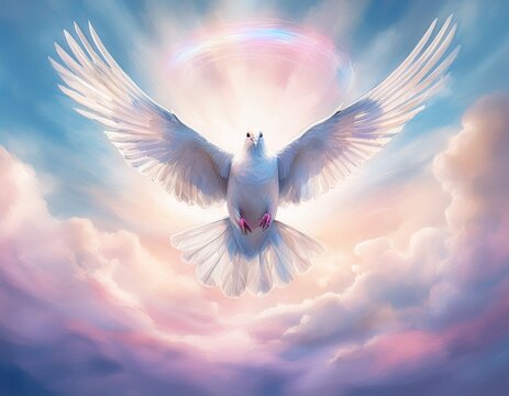 A single dove descending through pastel clouds, with subtle rays of watercolor light forming a halo around it &mdash; symbol of the Holy Ghost.