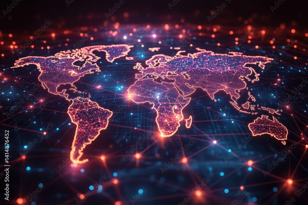 Poster vibrant digital world map showcasing global connectivity through illuminated nodes and connections a
