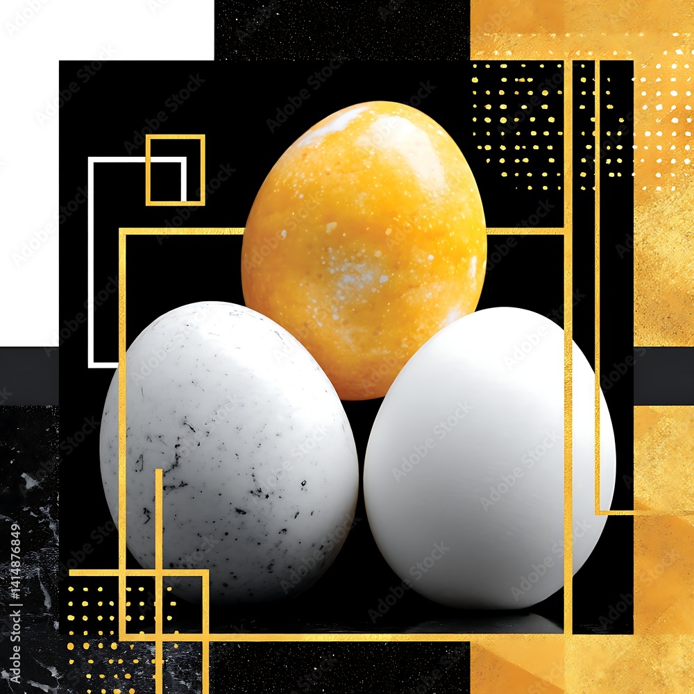 Aufkleber three eggs displayed in artistic arrangement with black and gold themed backdrop pattern design.