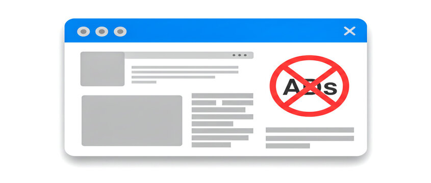 Digital illustration of a web browser window with an ad-blocking symbol.