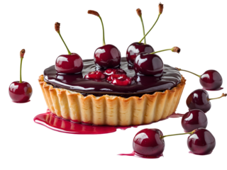 Delicious cherry tart with a glossy glaze presented on an isolated backdrop, tempting with its vibrant red cherries and tempting crust, a culinary delight