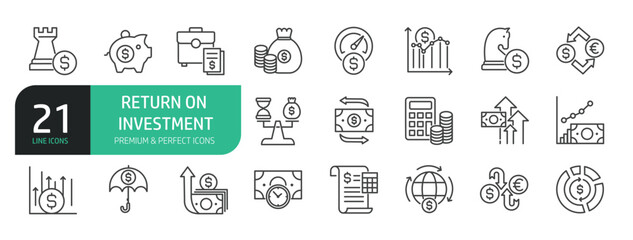 Set Of Return on Investment Line Icons. Contains such icons as Financial Strategy, Savings, Growth, Credit Score, Return, Capital, Banking, Profit, and more.