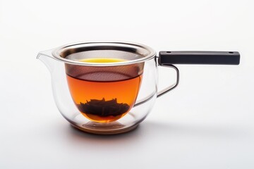 Brewing aromatic tea in a glass teapot with a fine mesh strainer on a clean background