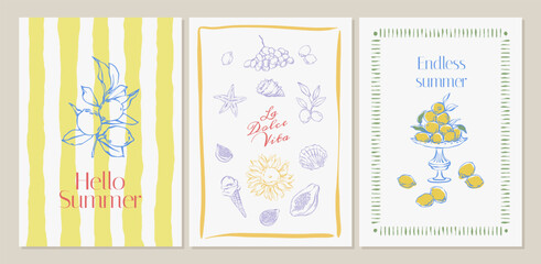 Italian summer posters with hand drawn coastal elements doodles. Mediterranean vintage summer cards with lemons, grapes, sunflowers, sea shells, in la dolce vita style. For posters, postcard, banners.