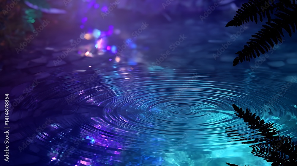 Poster tranquil ripples on water surface with colorful light reflections create a dreamy and serene mood.