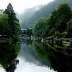 Tranquil Pond Reflection of Building and Trees on Overcast Day with Mist Covered Mountains.