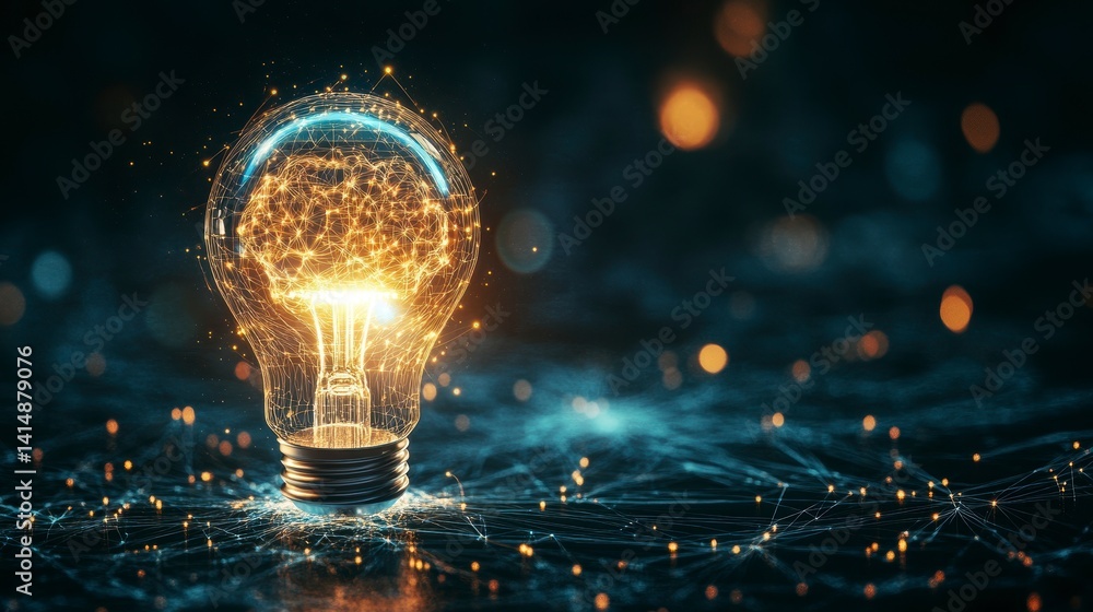 Poster glowing lightbulb with brain-shaped filament, digital network background.