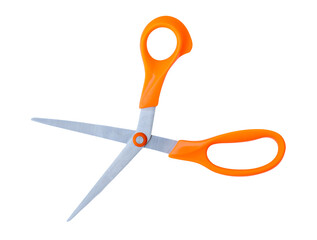 Top view of a pair of multipurpose scissors with orange handle isolated on white background with clipping path