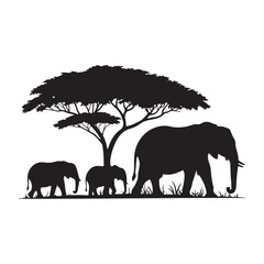 Elephants Family Silhouette under Tree Vector Illustration © MOHAMMAD