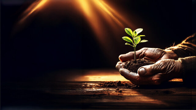 Fototapeta Two hands cradle a small green plant with soil, illuminated by a dramatic light against a dark backdrop. The image conveys themes of growth, care, and environmental stewardship in a striking compositi