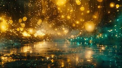 Luminous Abstract Sparkle: Gold And Teal Bokeh Background With Glittering Lights, Perfect For Holiday Magic & Festive Design Projects