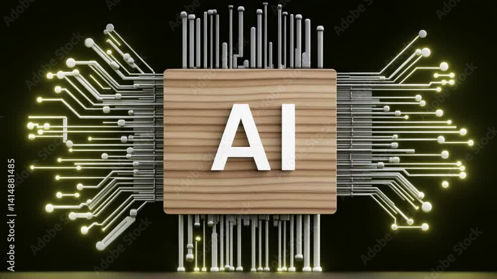 Poster futuristic ai symbol on wooden background surrounded by radiating circuits and connecting lines in d