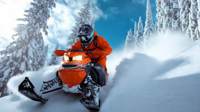 Snowmobile Adventure: Experience the thrill of snowmobiling amidst a snowy wonderland, as a daring rider carves through fresh powder, surrounded by snow-laden trees and a brilliant blue sky.