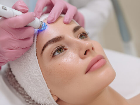woman receiving a hydrafacial treatment in a clean, modern clinic