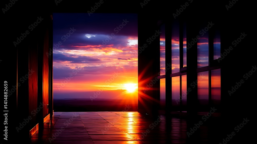 Aufkleber vibrant sunset through open window reflecting on tiled floor displaying abstract beauty and tranquil