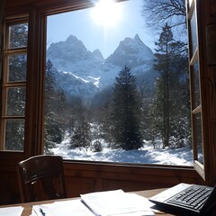 View From Window Mountain Scenery Snow Covered Peaks Laptop Papers on Desk Indoors Serene Study.