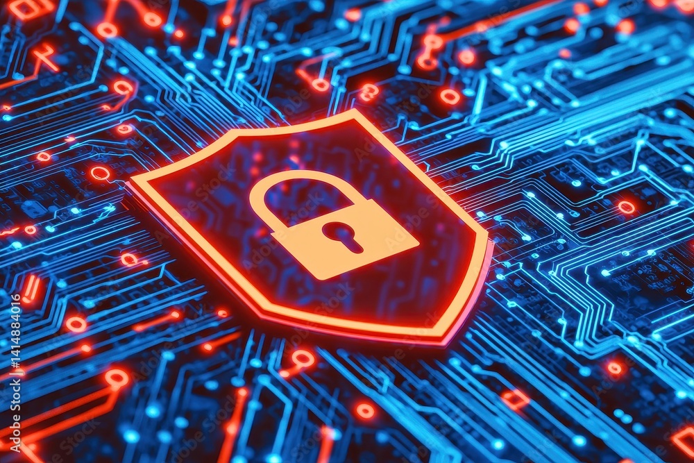 Poster digital security shield cyber protection and data privacy on circuit board