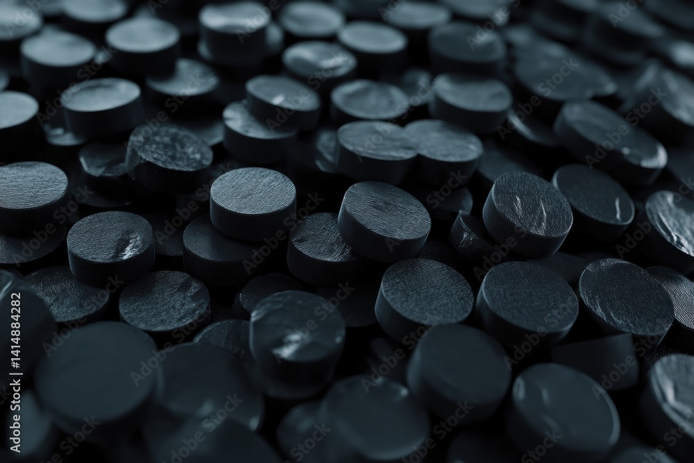 Poster captivating close up of numerous small black wooden discs arranged in a dense mesmerizing pattern wi