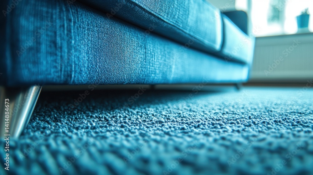 Poster close up of a blue textured carpet and a sofa in a bright room creating a cozy and inviting atmosphe