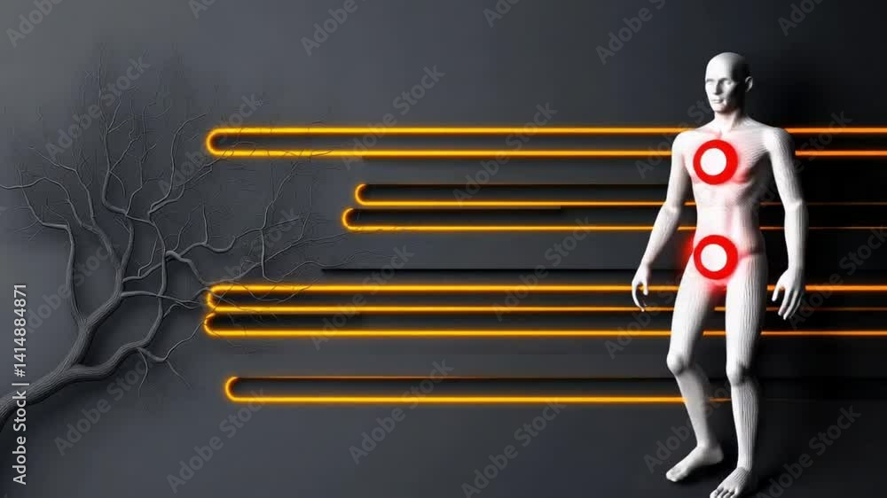 Poster abstract black background with tree silhouette and glowing orange lines creating a modern artistic d