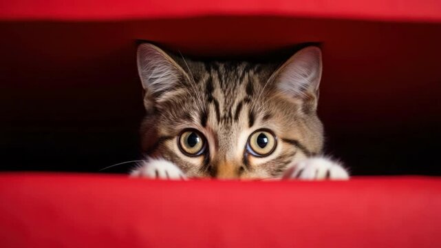 Curious Kitten: A curious tabby kitten with large, expressive eyes peeks out from a red drawer, its paws gently resting on the edge.