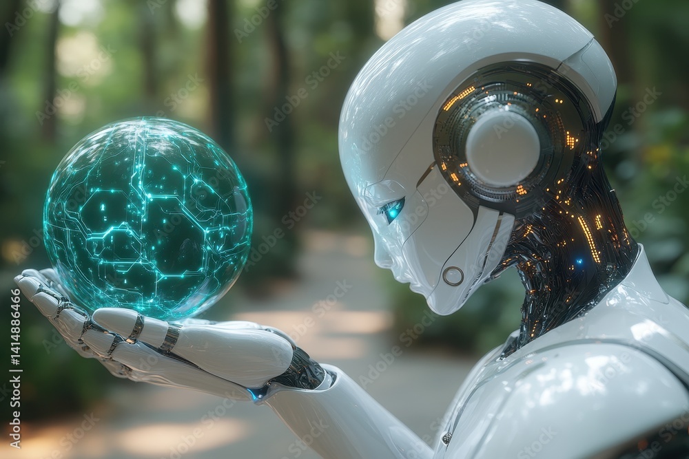 Poster futuristic robot interacts with glowing globe in serene natural environment during daylight hours