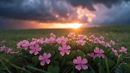 Fototapeta premium Pink Flower Blossoms with Dew Drops at Cloudy Sunrise Landscape