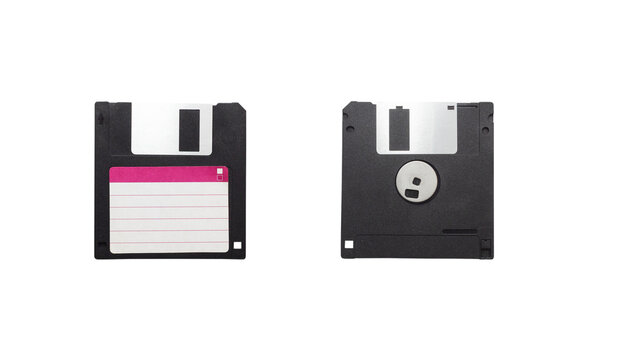 Black plastic floppy disk isolated on white background. Retro technology, computer diskette for data storage.
