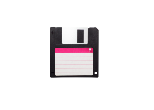 Black plastic floppy disk isolated on white background. Retro technology, computer diskette for data storage.