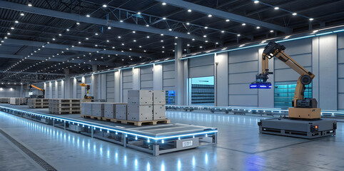 Automated robotics streamlining warehouse operations modern facility industrial content high-tech environment interior view efficiency concept