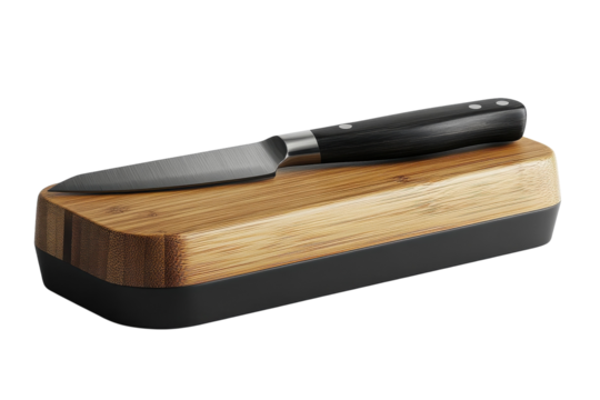 Sleek paring knife resting on a luxurious wooden and black composite storage case showcasing its elegant design and premium quality A on transparent background