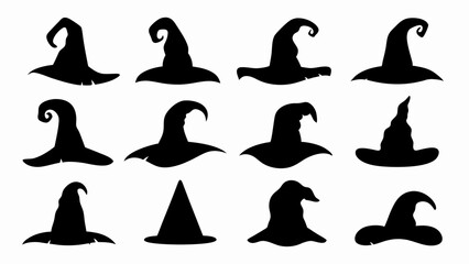 set of witch hat silhouette vector on white background