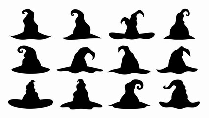 set of witch hat silhouette vector on white background
