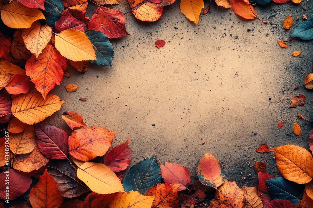 Aufkleber autumn leaves create a colorful border on a textured surface during a bright fall day in a natural s