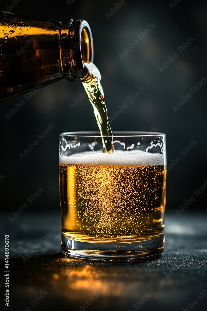 Poster golden liquid cascade pouring from bottle into glass with effervescence and dark moody background cr