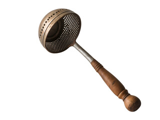 Detailed studio shot featuring an antique potato masher with a wooden handle, showcasing its rustic charm and historical design against a simple setting