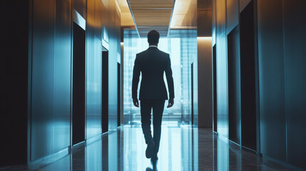 Fototapeta premium Businessman walking through modern office corridor urban setting action scene professional environment rear view determination