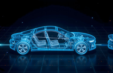 Blue - wireframe Concept Car with Internal Structure Display