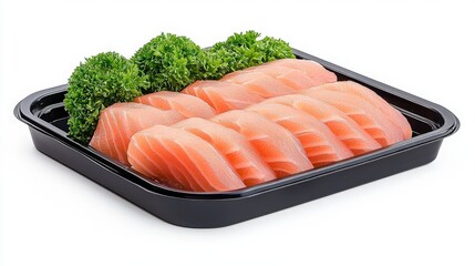 Fresh Salmon Sashimi Platter: A culinary still-life showcasing vibrant, fresh salmon sashimi artfully arranged on a sleek black platter, complemented by fresh parsley