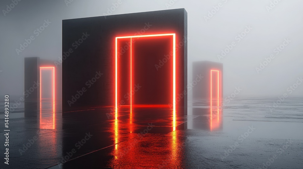 Poster three rectangular glowing portals stand in a mysterious foggy environment