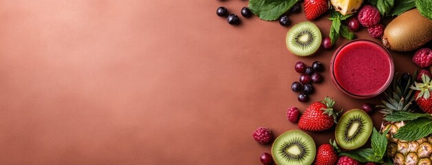 A vibrant tropical fruit smoothie made with pineapple, kiwi, and strawberry, creating a splash against a bright orange background