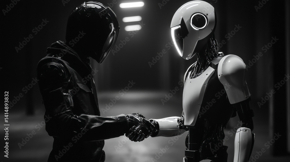 Poster robotic partnership development futuristic lab digital interaction high-tech environment close-up co