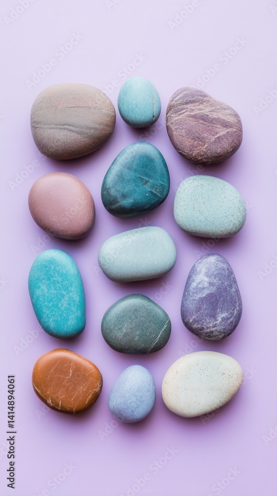 Poster serene arrangement of smooth colorful pebbles on a pastel background creating a calming zen atmosphe