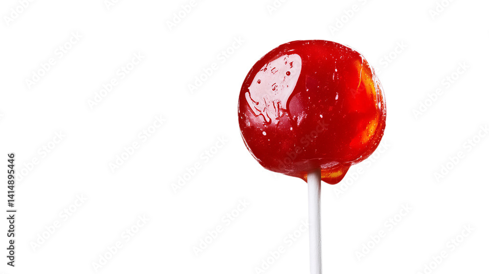 Poster red lollipop sits against a black background with visible light reflecting on its glossy surface.