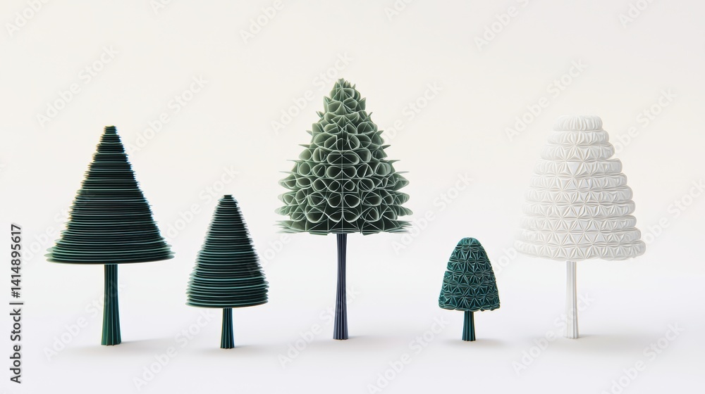 Poster artistic display of green and white trees minimalistic design studio setting 3d models creative conc