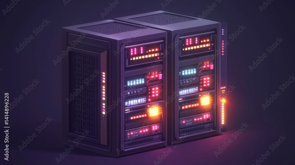 Poster data center action illuminated server equipment in a technology environment close-up perspective for