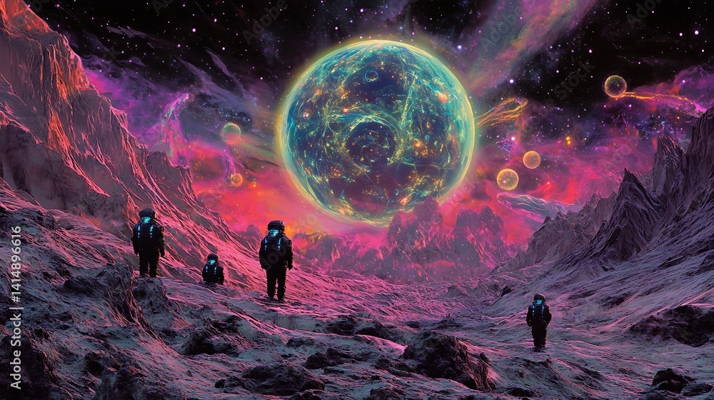 Poster a vibrant elevator ascends into space, linking a planet to a luminous orbital ring within a backdrop