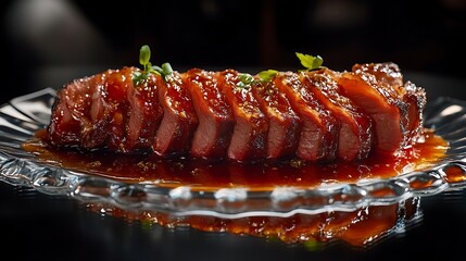 A luxurious beef brisket with glowing sauce and perfectly sliced on a reflective glass surface 